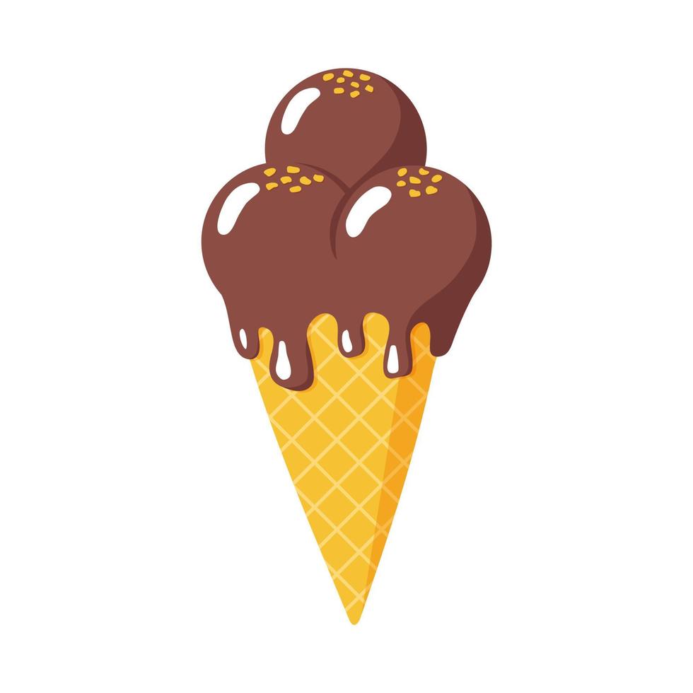 Chocolate ice cream in waffle cone with nut chips on top. Flat style Isolated vector illustration for web design or print