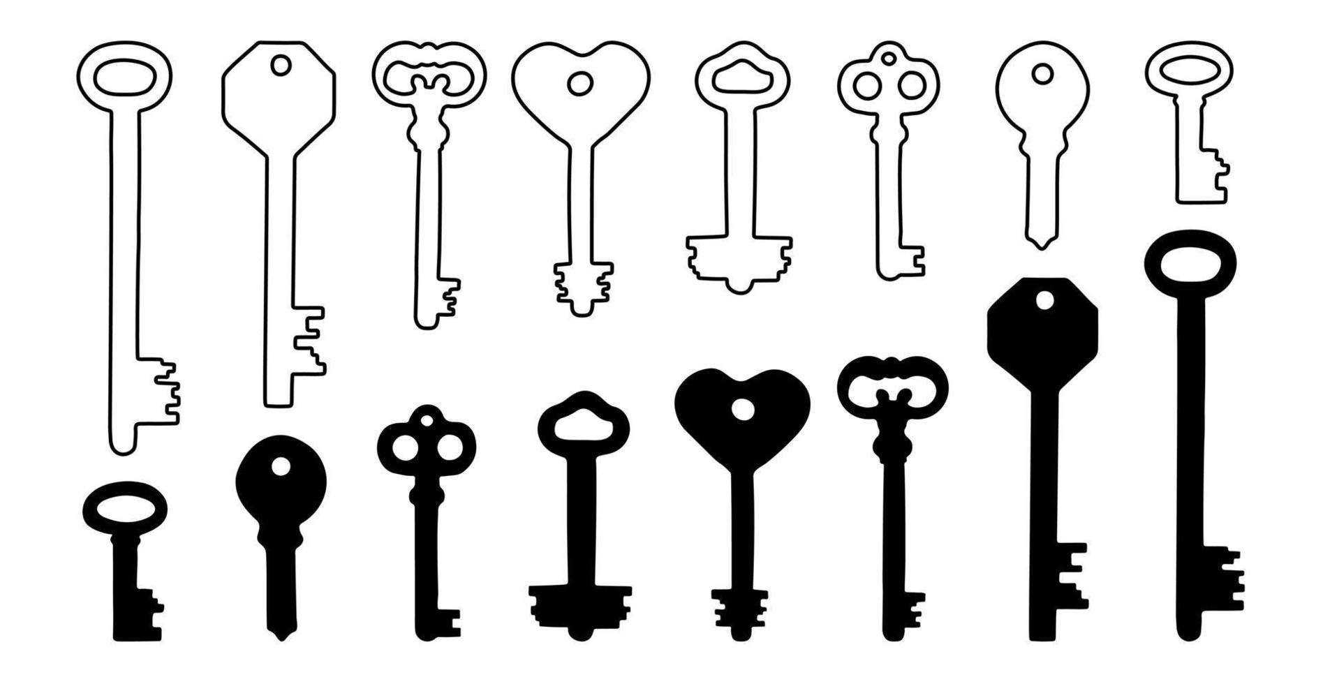 Vintage and Modern Keys Set. Hand Drawn Key Silhouette and Outline. Isolated Vector Illustration