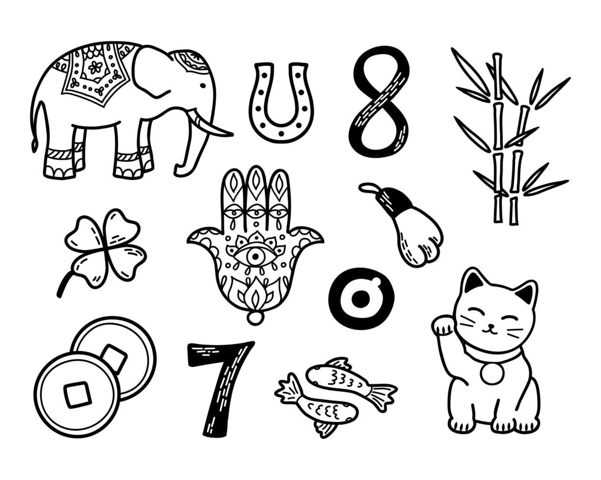 Good Luck Symbols Set. Asian talismans and charms contour vector illustration. Symbols of success and prosperity