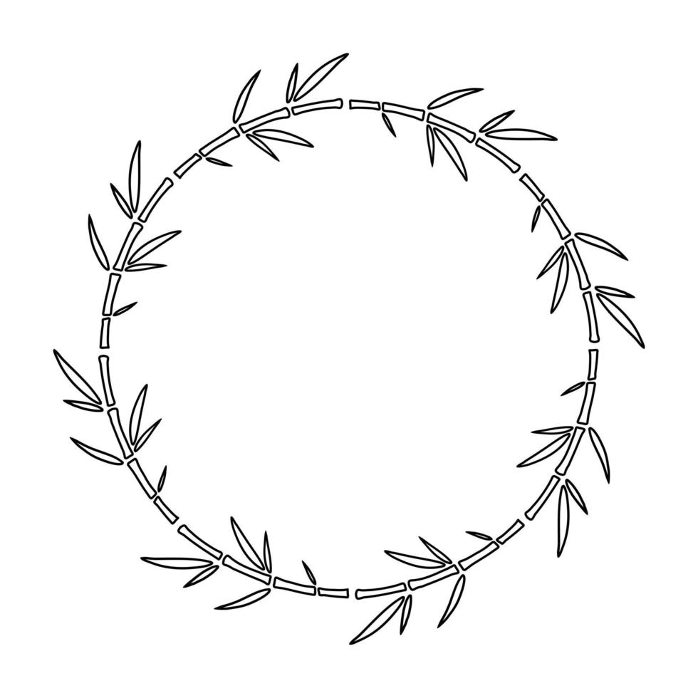 Bamboo Circle Frame with Leaves. Doodle Outline Vector illustration