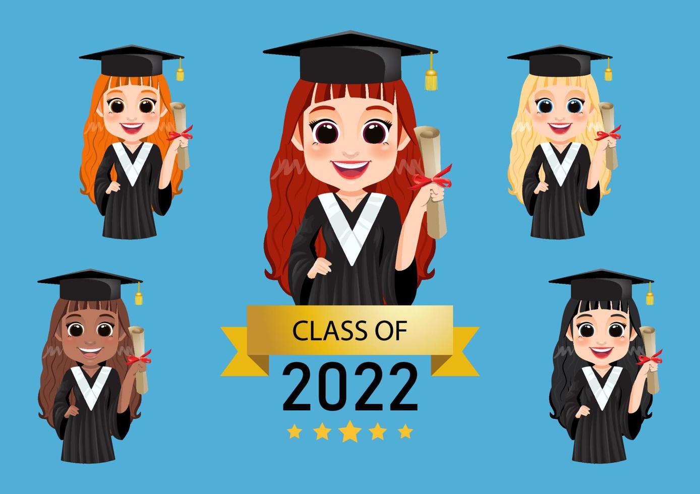 Happy female graduate in academic dress holding diploma and hat of graduation on head collection isolated vector illustration