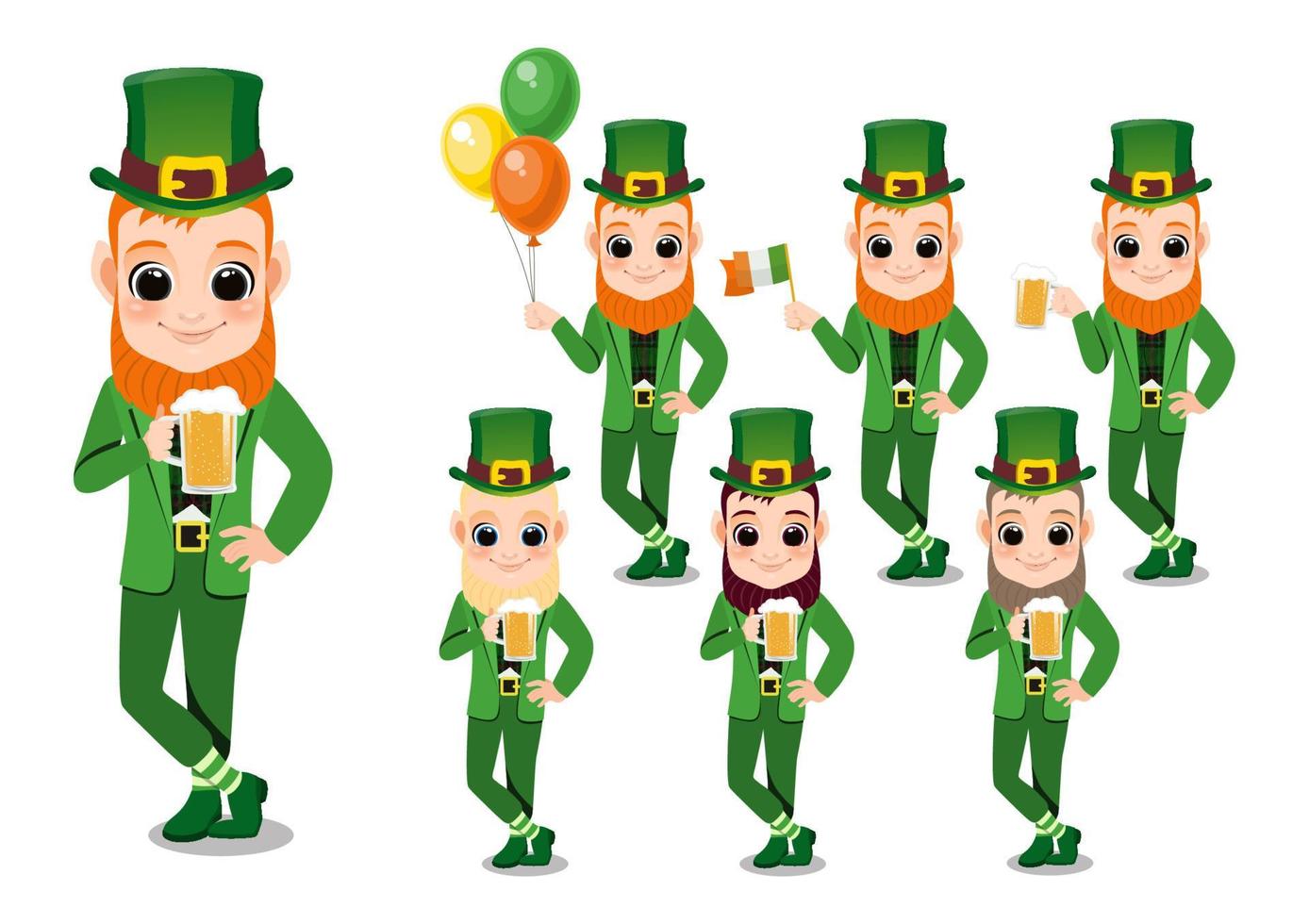 feliz día de san patricio con niño duende con vaso de cerveza, bandera irlandesa y globo irlandés. personaje de dibujos animados chico vector