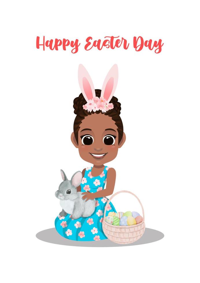 feliz día de pascua con una chica africana americana vestida de flores sentada en el suelo con un conejo y una cesta de huevos vector de dibujos animados