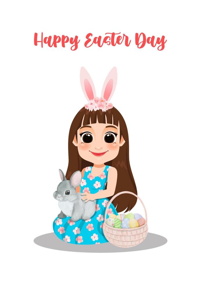 feliz día de pascua con una chica vestida de flores sentada en el suelo con un conejo y una cesta de huevos vector de dibujos animados