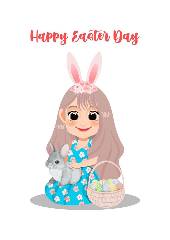 feliz día de pascua con una chica vestida de flores sentada en el suelo con un conejo y una cesta de huevos vector de dibujos animados