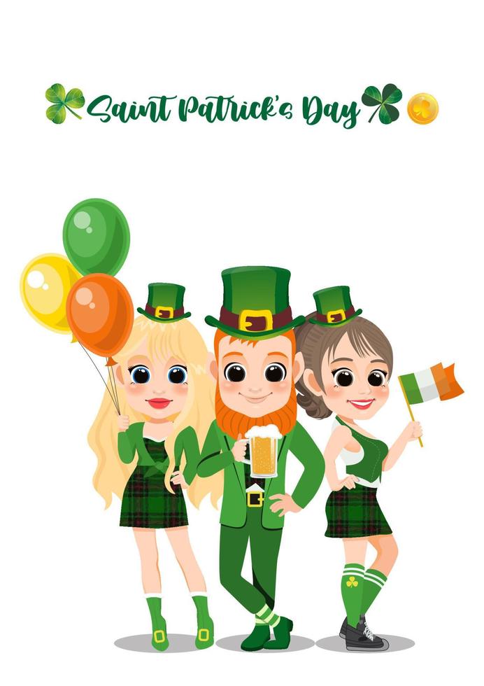 Happy Saint Patrick's Day Set. Childrens Dressed as Leprechaun, Holding Beer Glass, Irish flag and Irish Balloon. Isolated on White Background Cartoon Vector