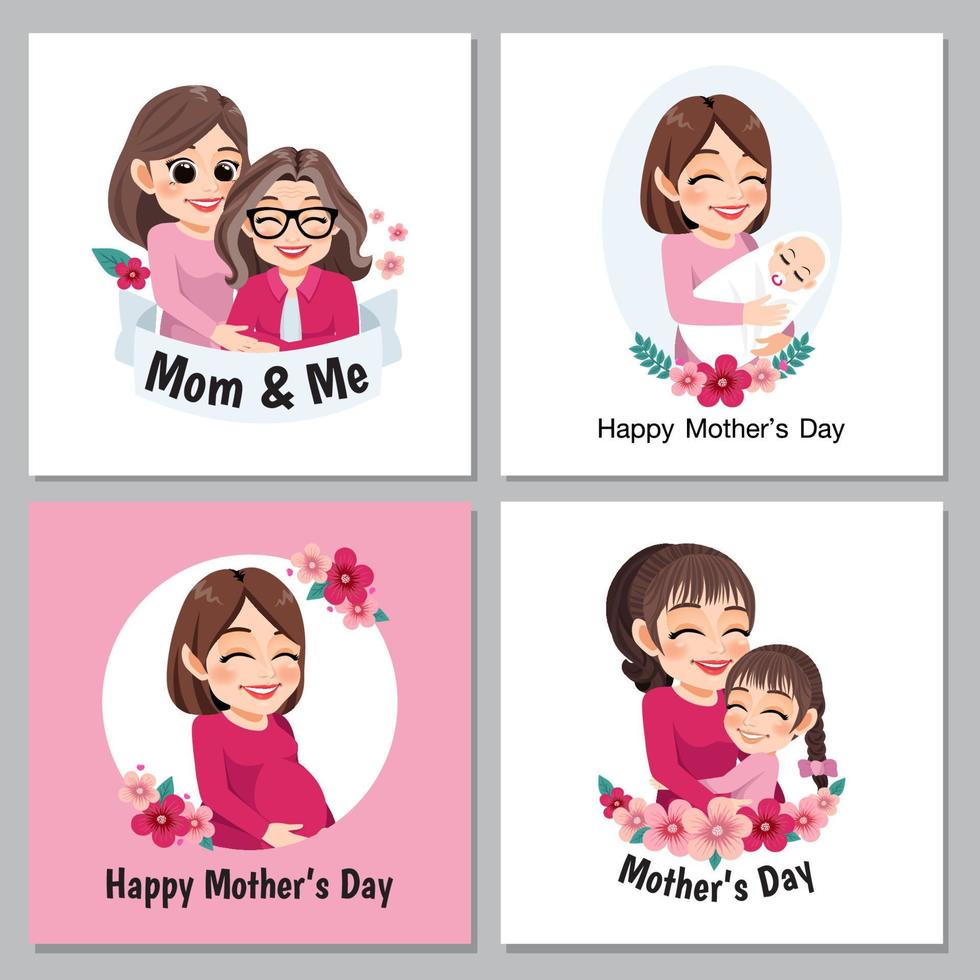 Mother's Day with moms with their children of different ages, pregnant woman. Motherhood, Parenthood, Childhood card template vector