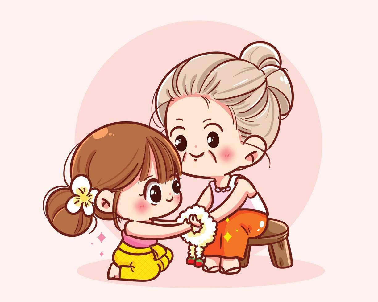 Family day cute girl pay respect to grandparents Songkran festival Thailand traditional cartoon character hand draw art illustration vector