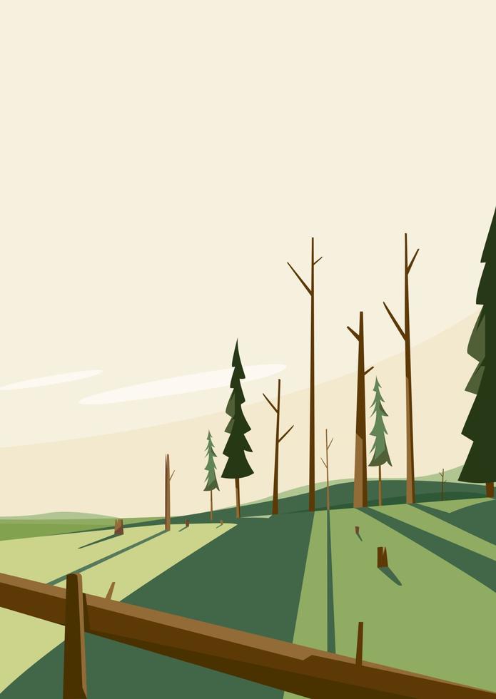 Landscape with felled trees. Dead nature scenery in portrait format. vector