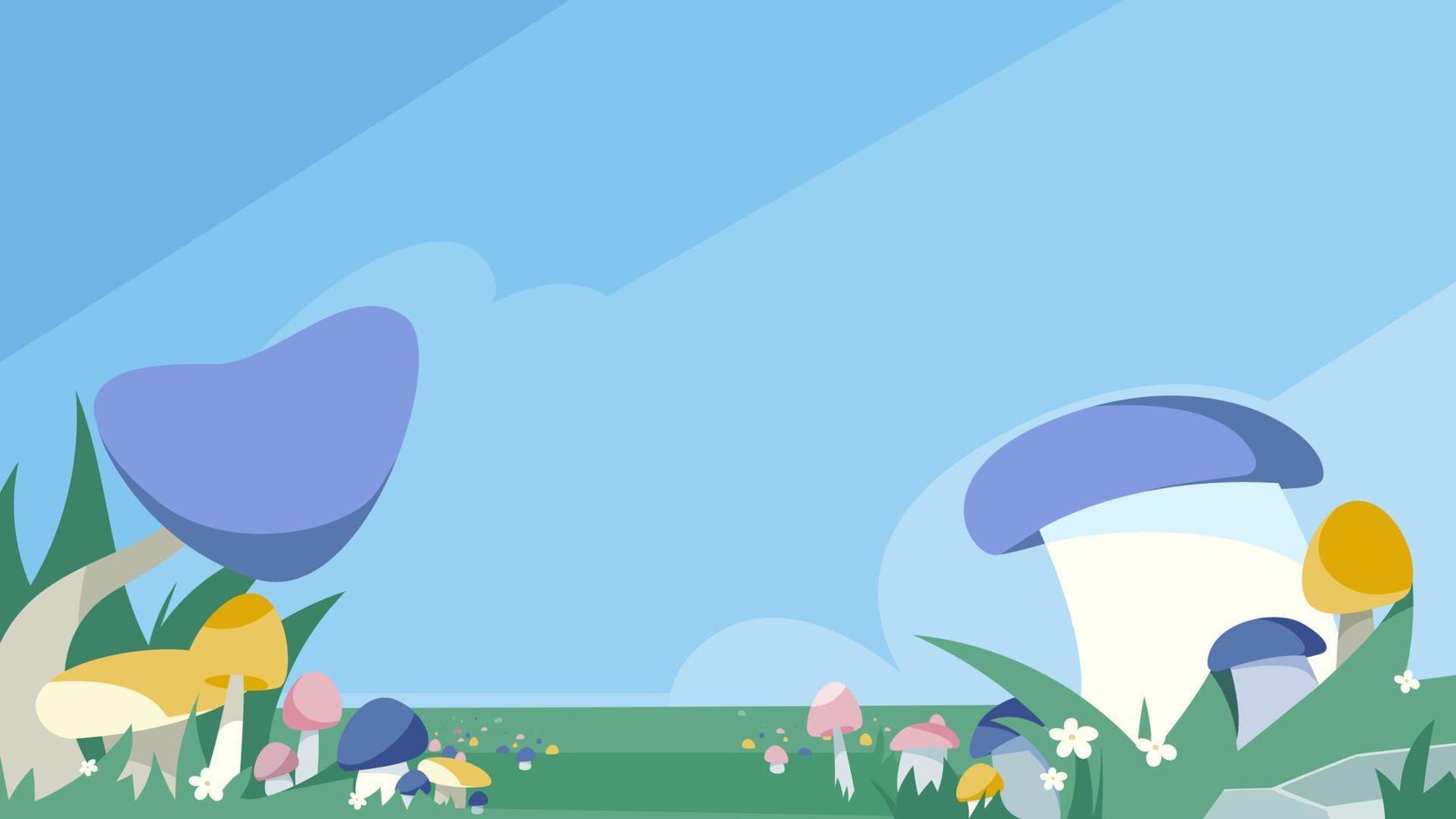 Mushroom meadow with blue sky. vector