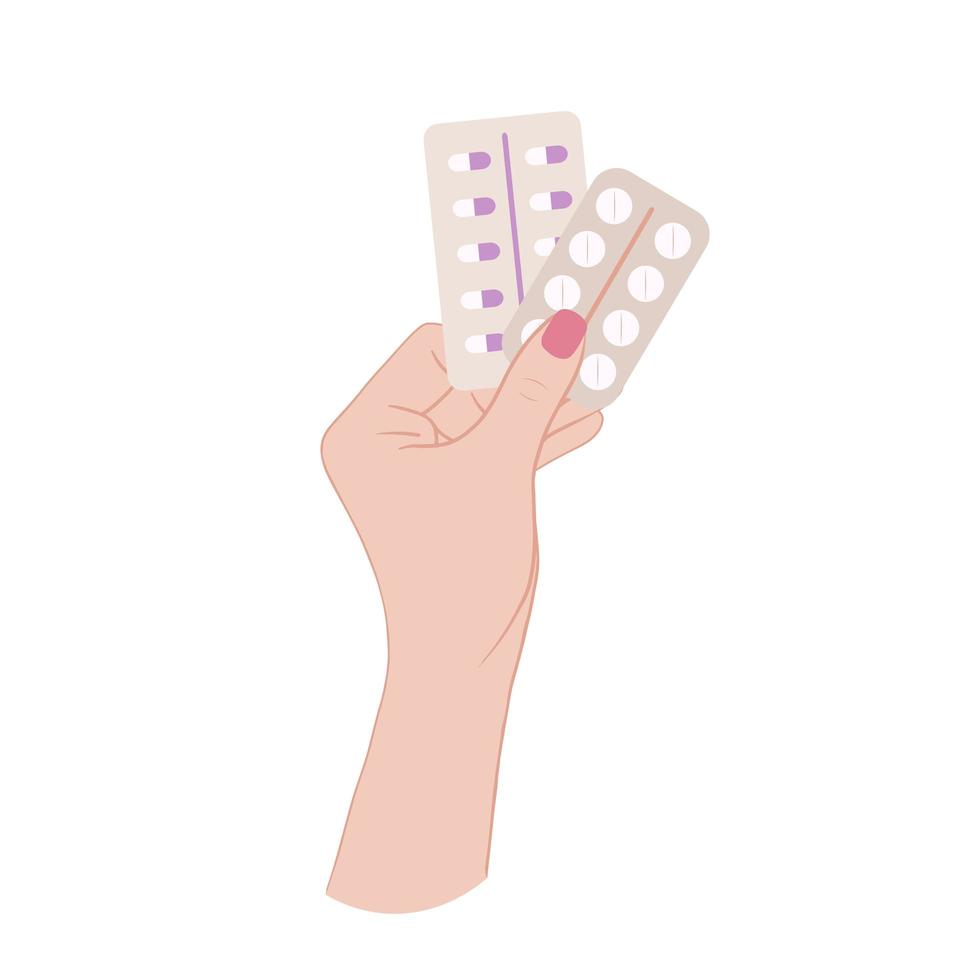 Hand with pills and capsules. Pharmacy concept, Health, medicine, treatment, doctor's appointment. Blister pack of tablets. Illustration for background and poster. Isolated on white background. vector