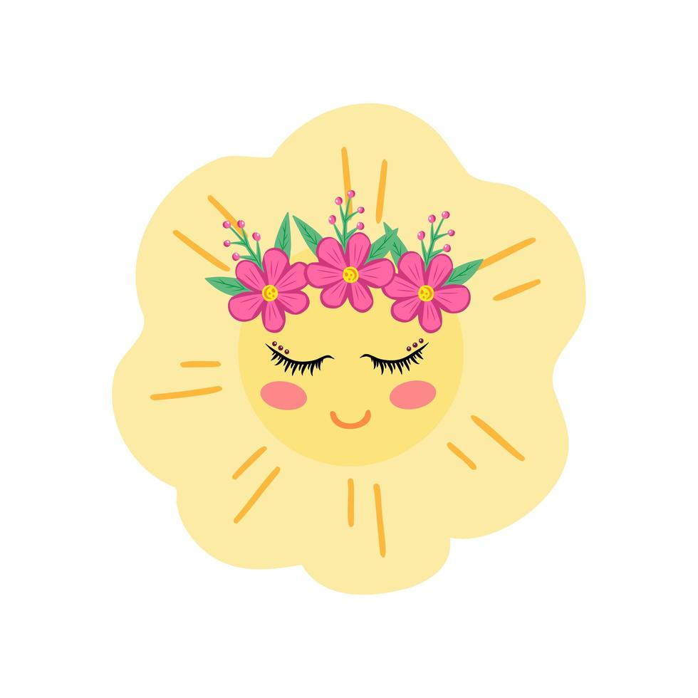 Cute sun with flower wreath. The sun, smile, good mood. Illustration for printing, background, cover, greeting card, poster, sticker, textile and seasonal design. Isolated on white background. vector