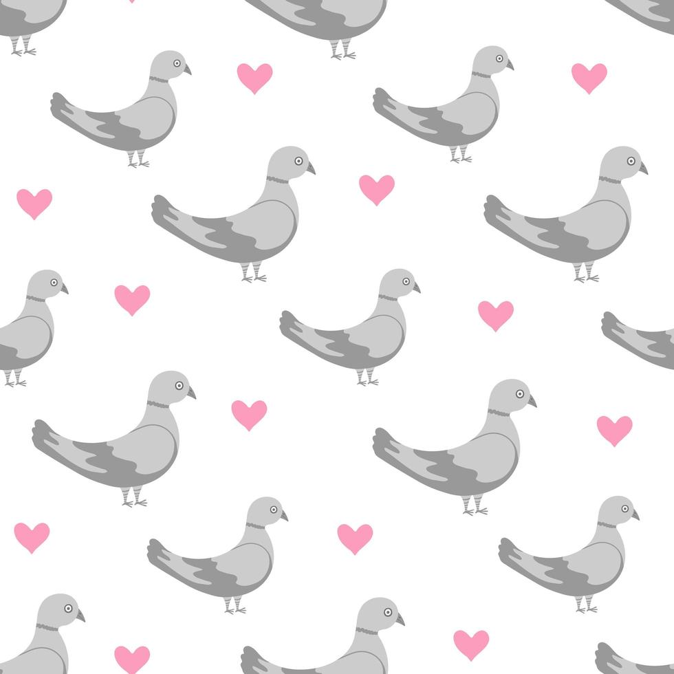 Pigeons seamless pattern, birds with hearts. Illustration for backgrounds, covers, packaging, greeting cards, posters, stickers, textile and seasonal design. Isolated on white background. vector