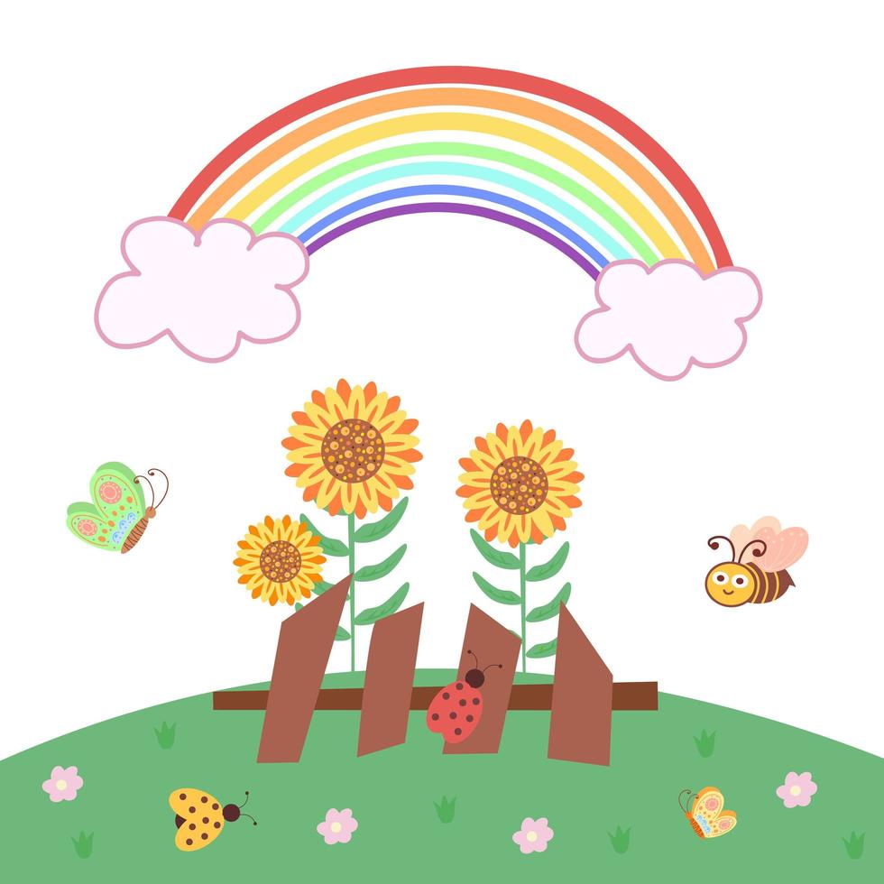 girasoles y arco iris, paisaje de verano, mariposa. abeja y mariquitas. ilustración para impresión, fondo, tarjeta de felicitación, afiche, pegatina y diseño estacional. aislado sobre fondo blanco. vector