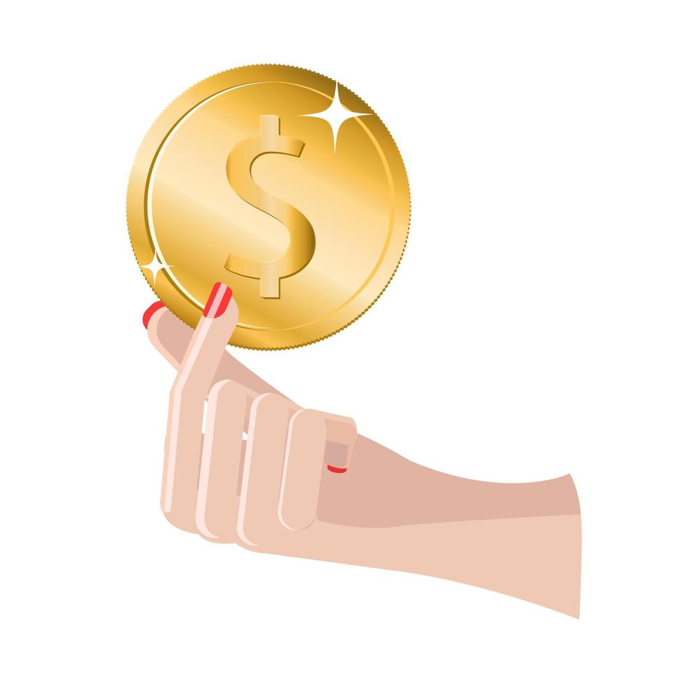 Beautiful Woman hand holding a dollar coin isolated on white background vector