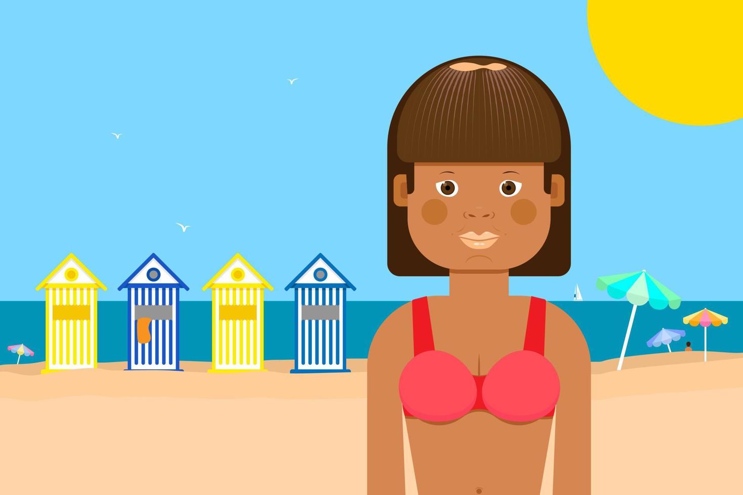 Pretty tanned young girl in a beach scene in summertime. vector illustration