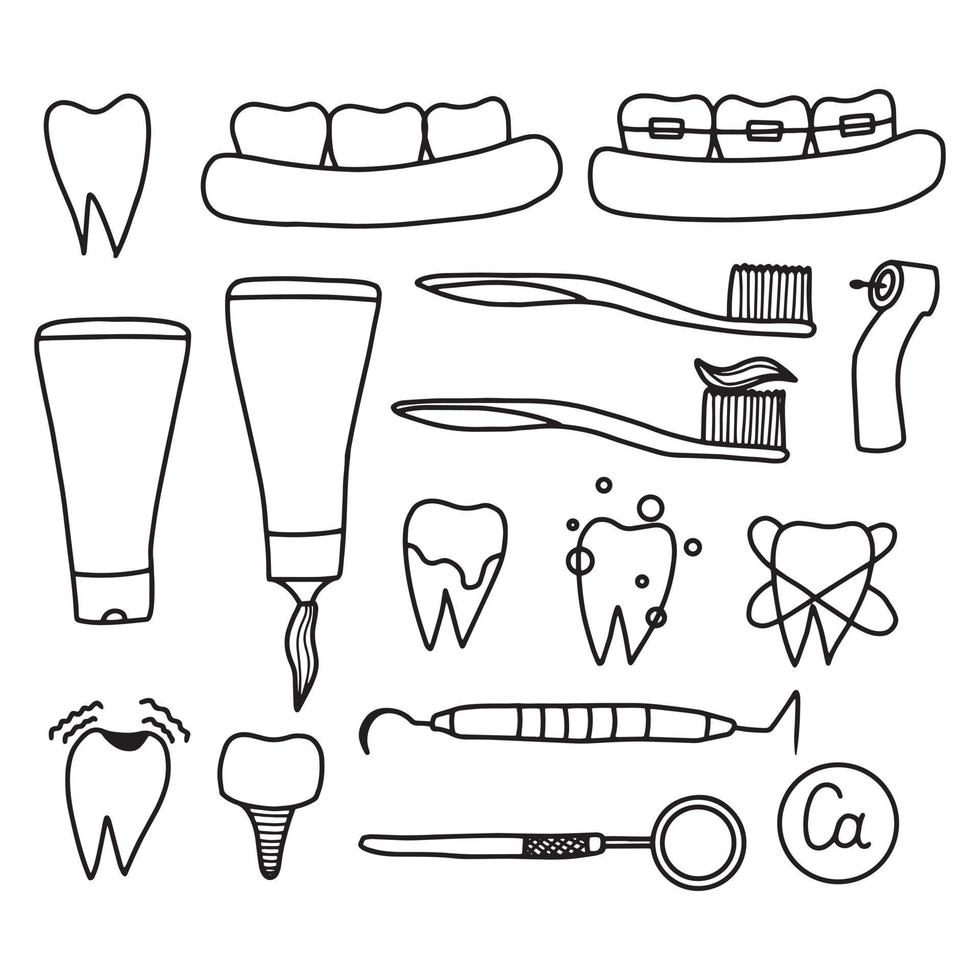 Dentistry icons set. Teeth, dentures, orthodontic, dental instruments. Doodle style. Vector illustration.