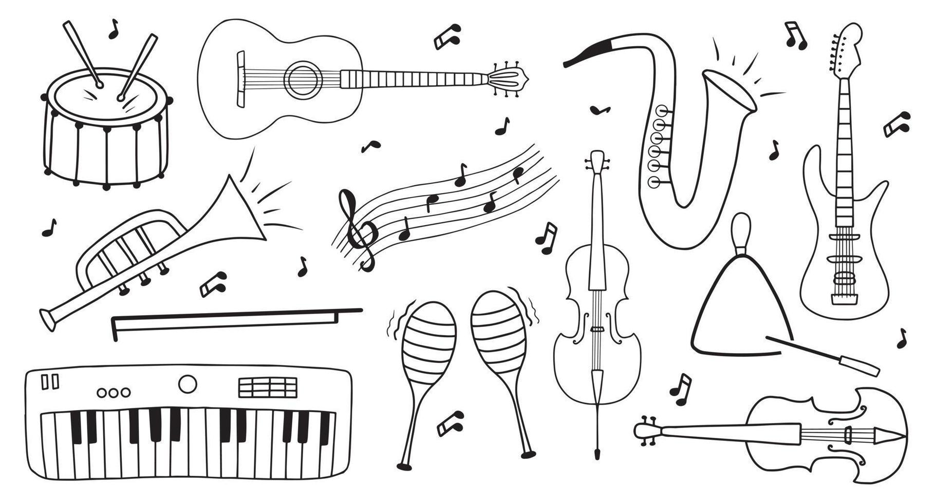 conjunto de instrumentos musicales en estilo garabato. violín, guitarra, sintetizador, batería, guitarra eléctrica y saxofón. vector