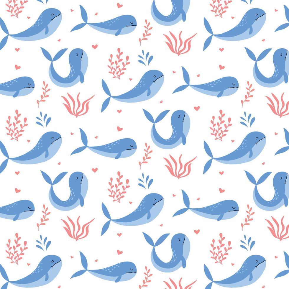 pattern with cute blue whales and seaweeds. Children's hand-drawn pattern. Vector pattern with sea animals.