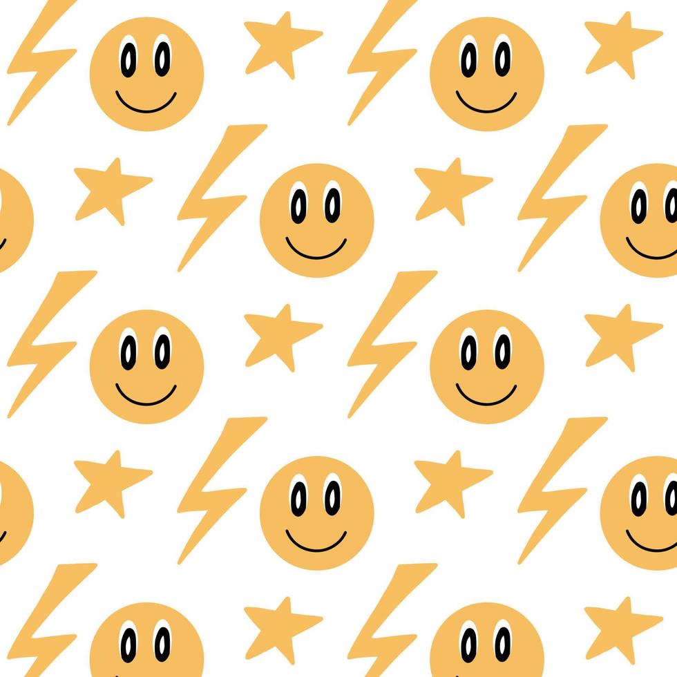 Vector seamless pattern with emoticons in retro style. Modern retro pattern with yellow smiles.