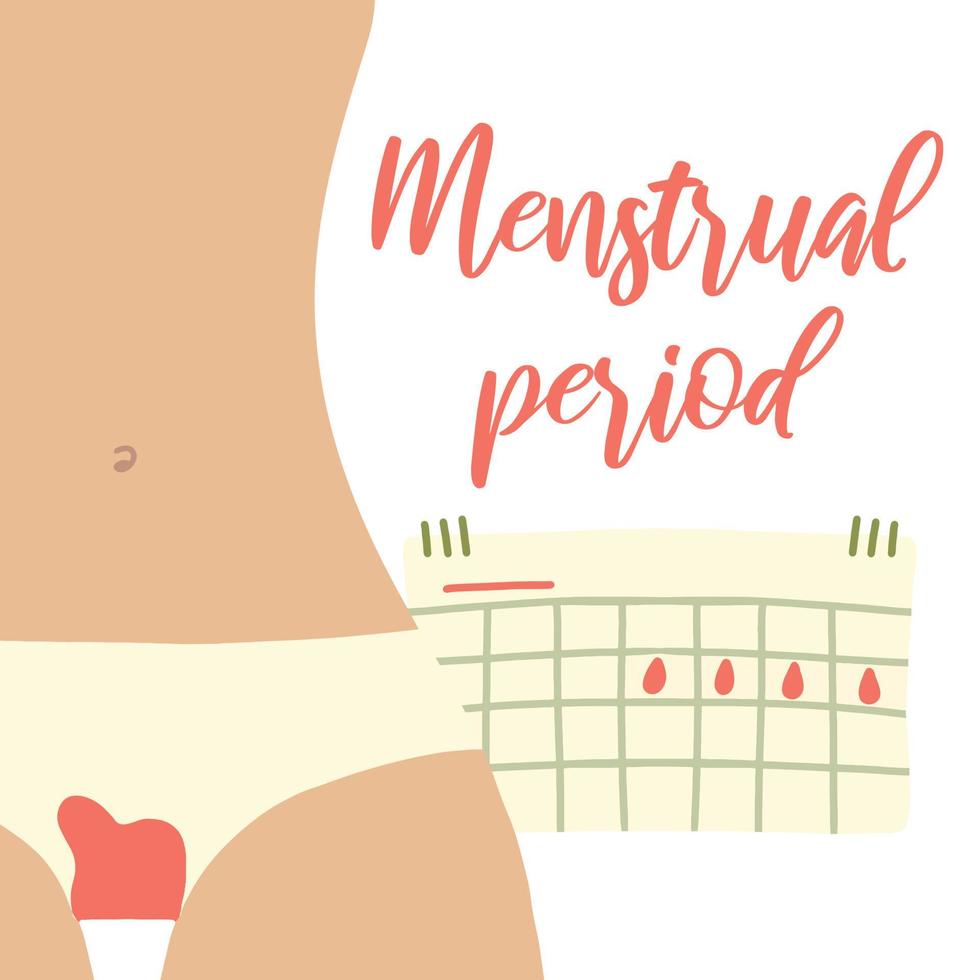 Female menstruation. Women with period and hygiene product tampon, sanitary pads and menstrual cup. Menstruation period, menstrual accessory tampon illustration. vector