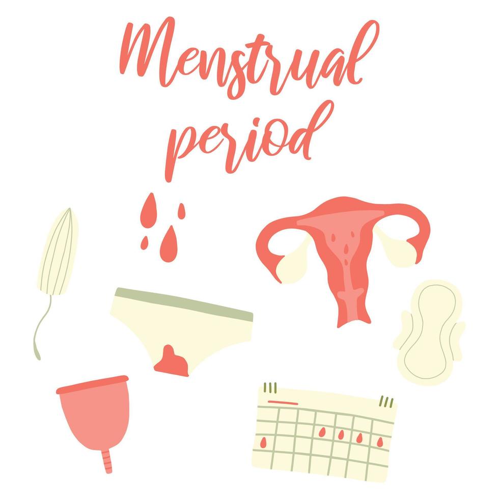 Female menstruation. Women with period and hygiene product tampon, sanitary pads and menstrual cup. Menstruation period, menstrual accessory tampon illustration. vector