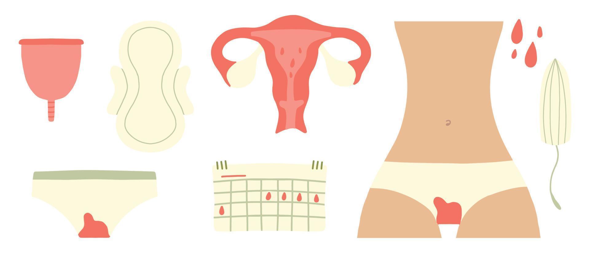 Female menstruation. Women with period and hygiene product tampon, sanitary pads and menstrual cup. Menstruation period, menstrual accessory tampon illustration. vector