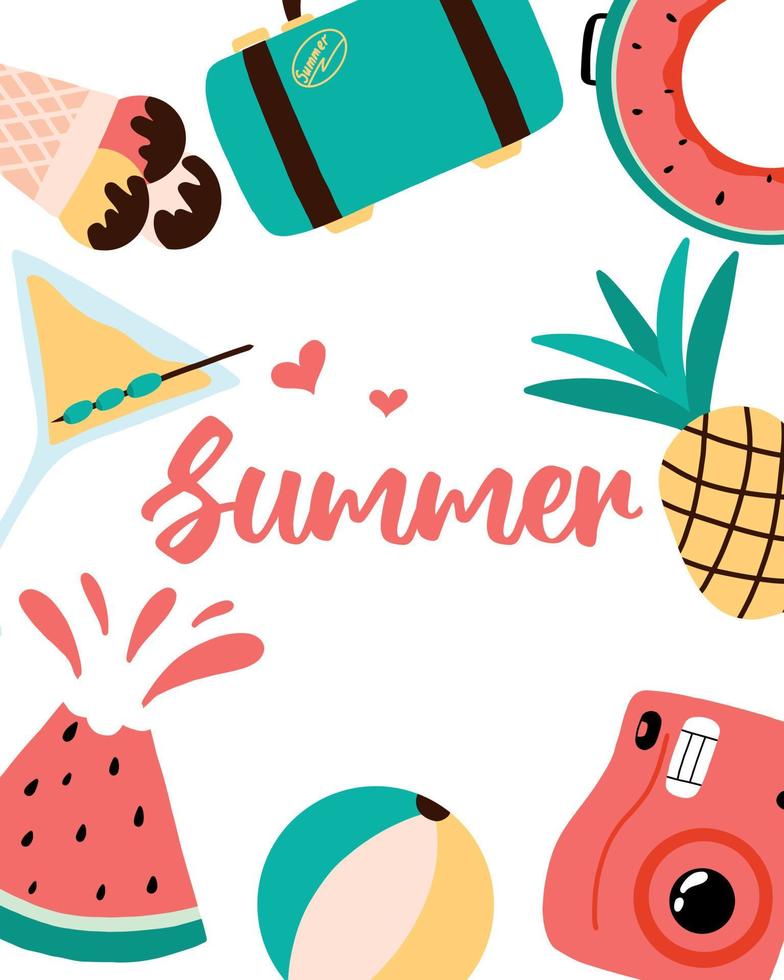 postal de verano. tarjeta de verano con frutas, cámara, maleta. ilustración vectorial. vector