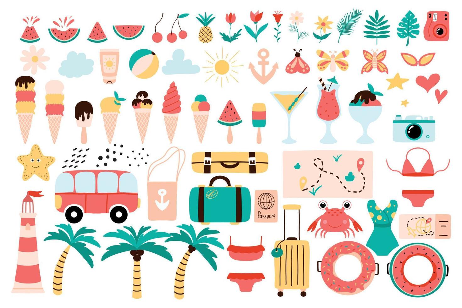 gran conjunto de elementos de verano. conjunto de verano vectorial con trajes de baño, helados, maletas, cócteles, palmeras y más. vector