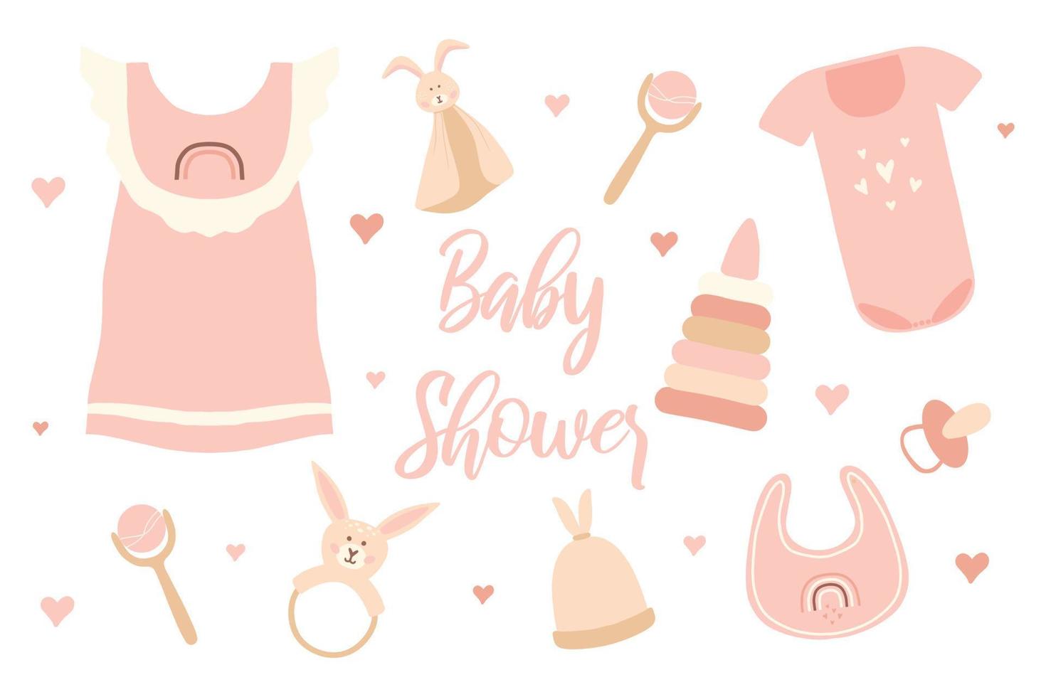 A collection of essentials for newborns in a boho style. Baby products for the first year of life. Baby shower. vector