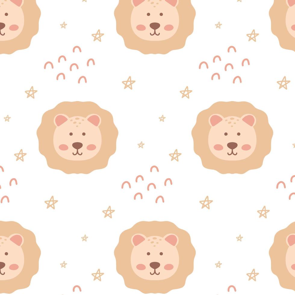 Childish pattern with cute lion head. Kid's boho style. Drawn pattern with a lion cub. Vector illustration.