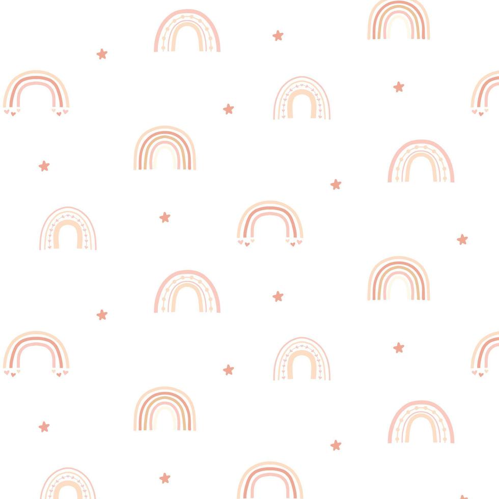 Childish pattern with cute rainbows. Children's boho style. Hand-drawn pattern with rainbow and stars. Vector illustration.