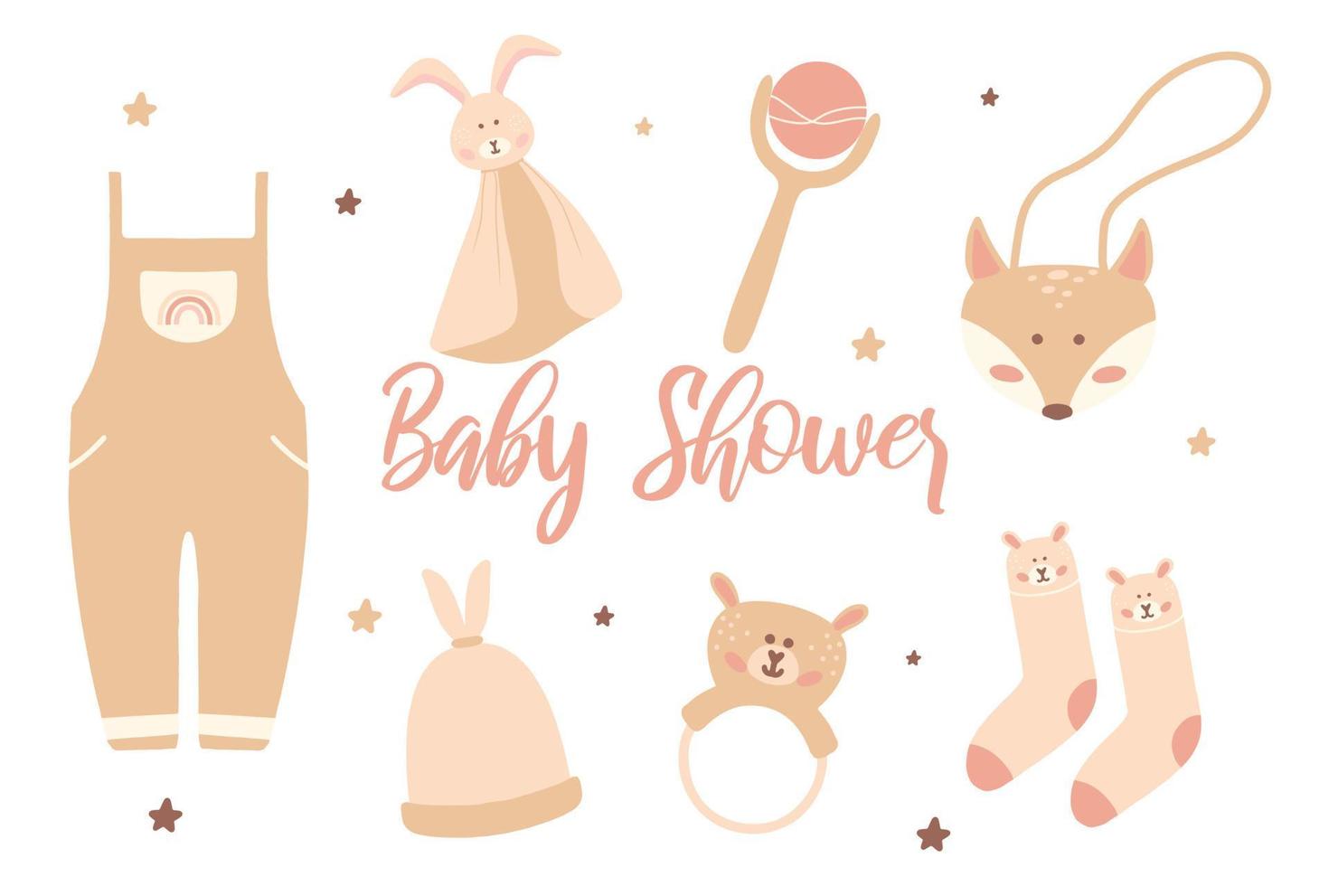 A collection of essentials for newborns in a boho style. Baby products for the first year of life. Baby shower. vector