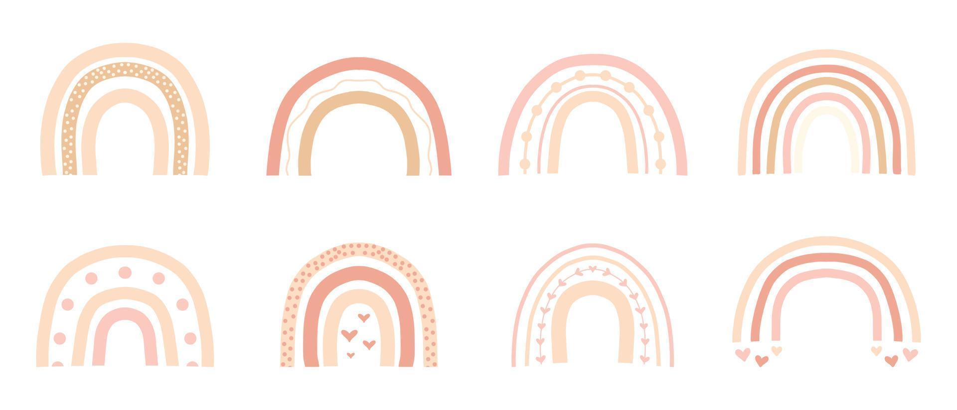 Children's set of drawn rainbows. Baby boho style. Cute rainbow pastel colors. Vector illustration.