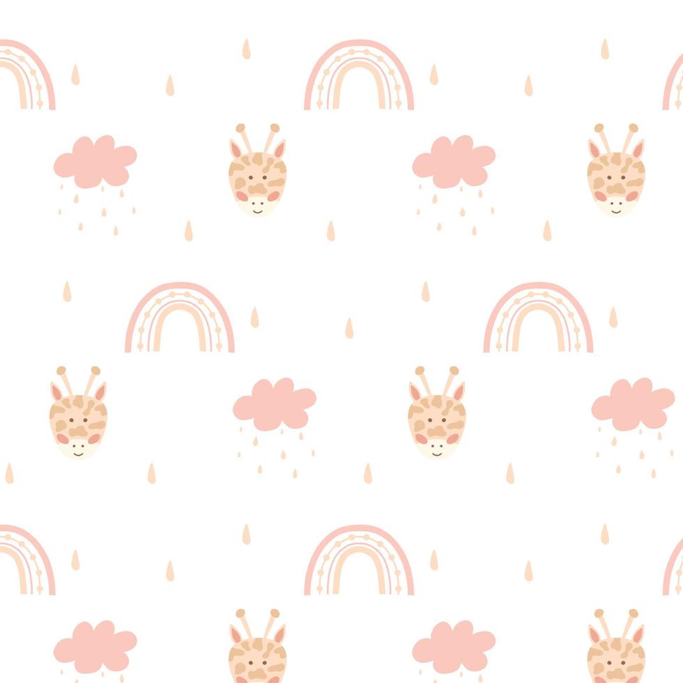 Childish pattern with cute giraffes and rainbows.Kid's boho. Hand-drawn pattern with jungle animals. Vector illustration.