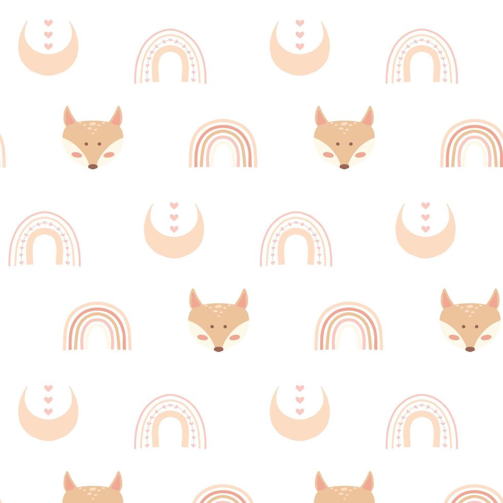 Childish  pattern with cute fox and rainbows. Kid's boho. Drawn pattern with fox head. Vector illustration.