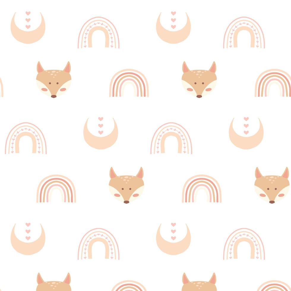 Childish  pattern with cute fox and rainbows. Kid's boho. Drawn pattern with fox head. Vector illustration.