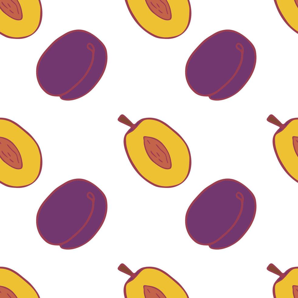 Fruit plum seamless pattern, great design for any purposes. Hand drawn fabric texture pattern. Healthy food background. Vector flat style summer graphic. On white background.