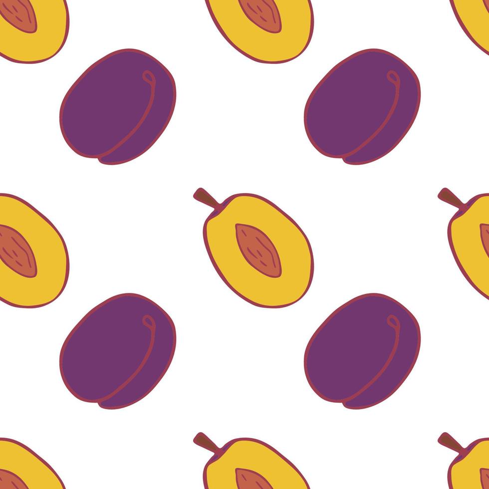 Fruit plum seamless pattern, great design for any purposes. Hand drawn fabric texture pattern. Healthy food background. Vector flat style summer graphic. On white background.