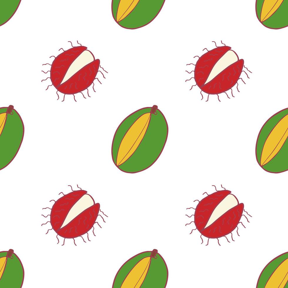 Fruit mango and rambutan seamless pattern, great design for any purposes. Hand drawn fabric texture pattern. Healthy food background. Vector flat style summer graphic. On white background.