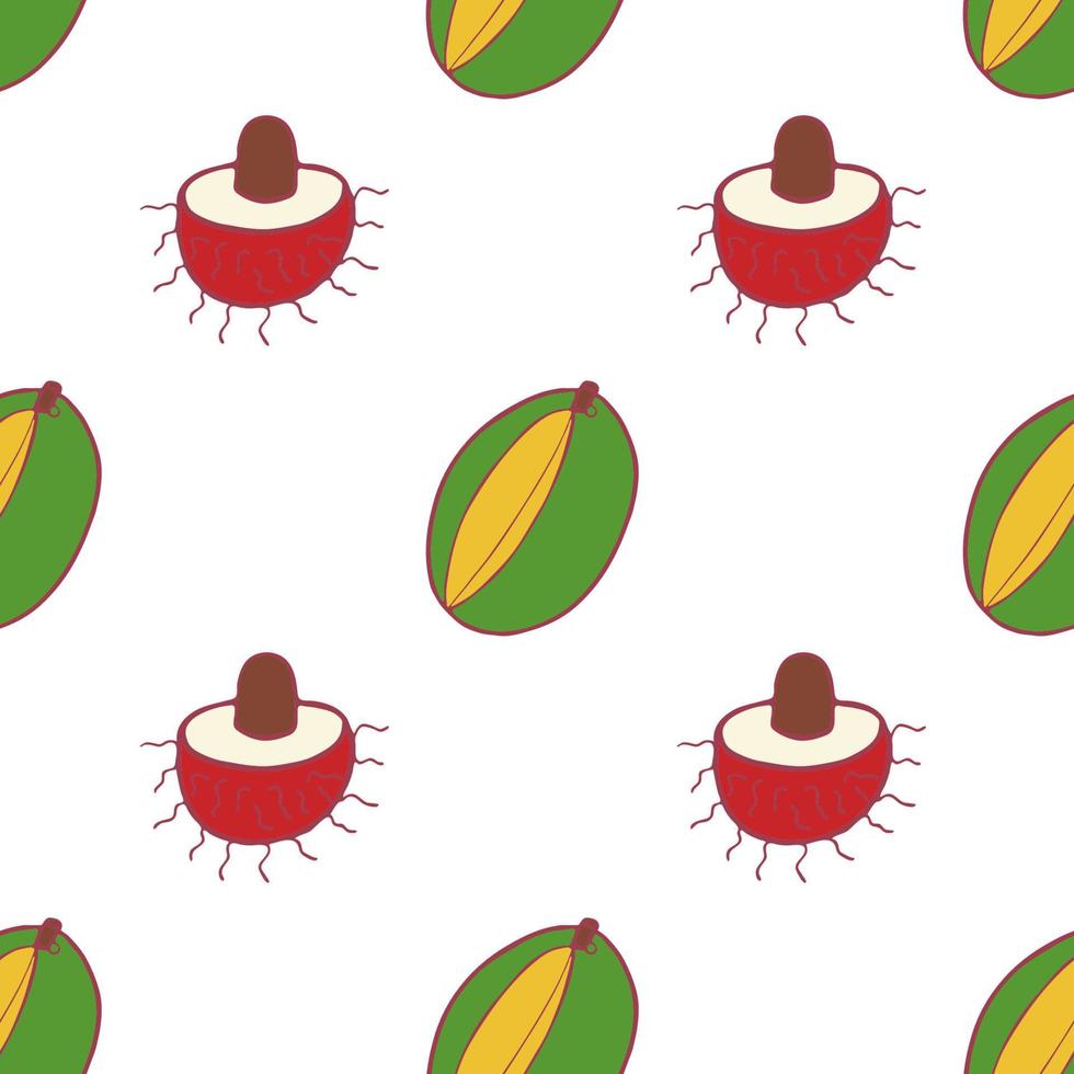 Fruit mango and rambutan seamless pattern, great design for any purposes. Hand drawn fabric texture pattern. Healthy food background. Vector flat style summer graphic. On white background.