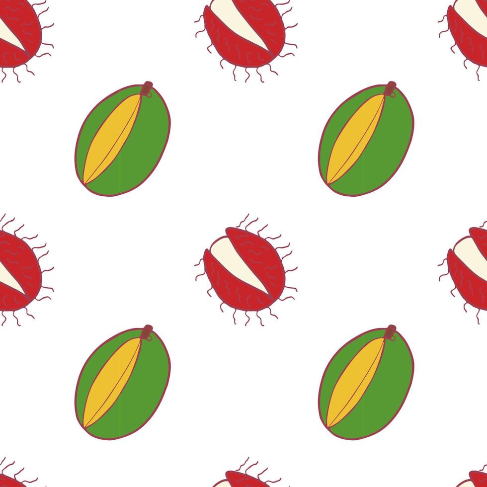 Fruit mango and rambutan seamless pattern, great design for any purposes. Hand drawn fabric texture pattern. Healthy food background. Vector flat style summer graphic. On white background.
