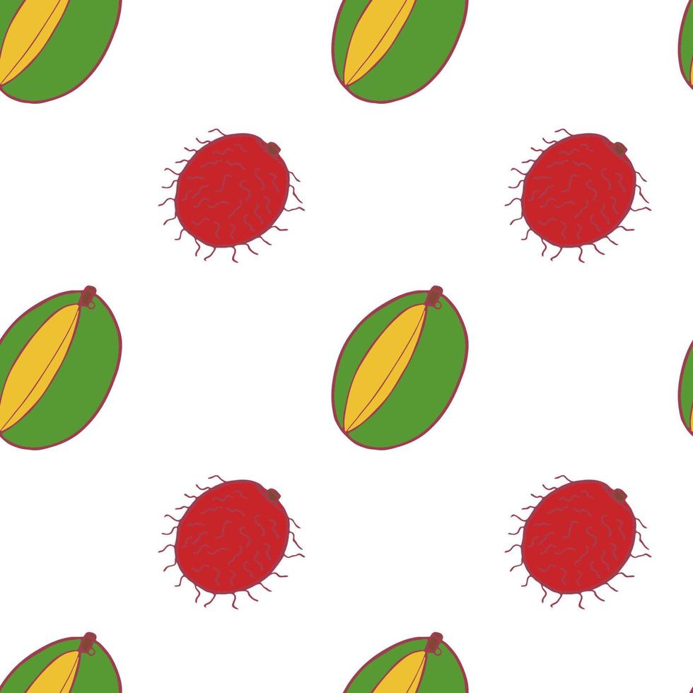 mango de fruta y patrón sin costuras de rambután, gran diseño para cualquier propósito. patrón de textura de tela dibujada a mano. fondo de alimentos saludables. gráfico vectorial de verano de estilo plano. sobre fondo blanco vector