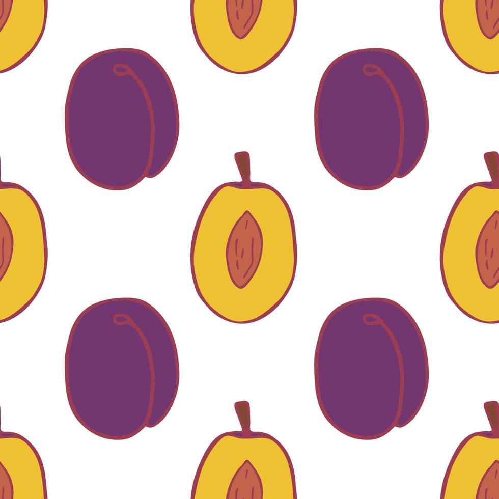 Fruit plum seamless pattern, great design for any purposes. Hand drawn fabric texture pattern. Healthy food background. Vector flat style summer graphic. On white background.