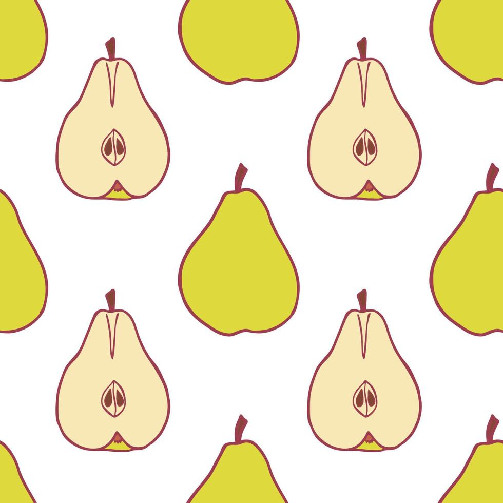 Fruit pear seamless pattern, great design for any purposes. Hand drawn fabric texture pattern. Healthy food background. Vector flat style summer graphic. On white background.