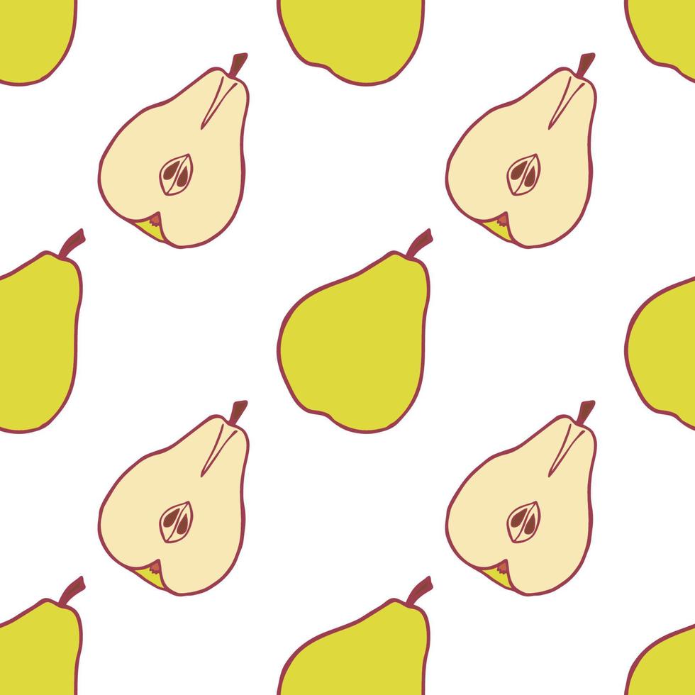 Fruit pear seamless pattern, great design for any purposes. Hand drawn fabric texture pattern. Healthy food background. Vector flat style summer graphic. On white background.