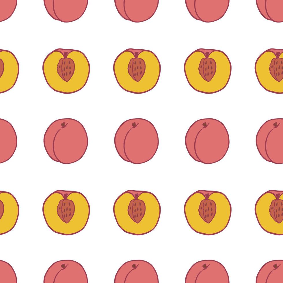 Fruit peach seamless pattern, great design for any purposes. Hand drawn fabric texture pattern. Healthy food background. Vector flat style summer graphic. On white background.