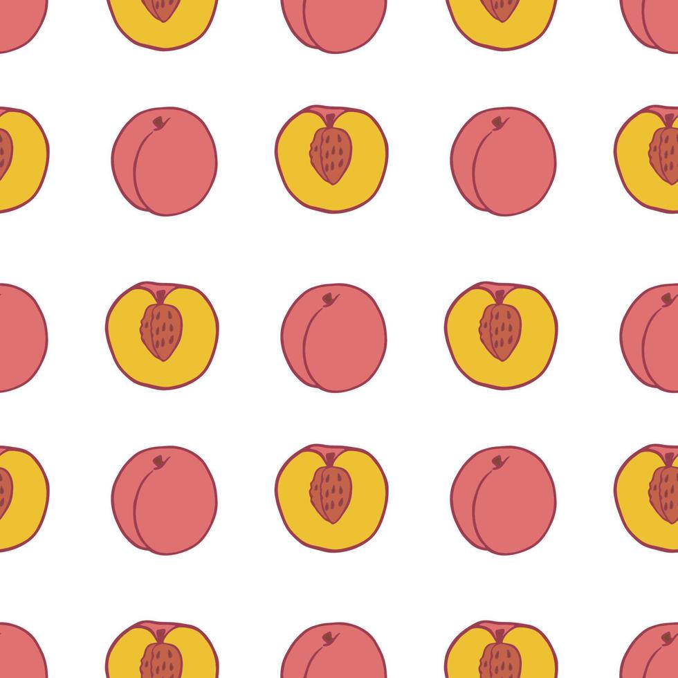 Fruit peach seamless pattern, great design for any purposes. Hand drawn fabric texture pattern. Healthy food background. Vector flat style summer graphic. On white background.