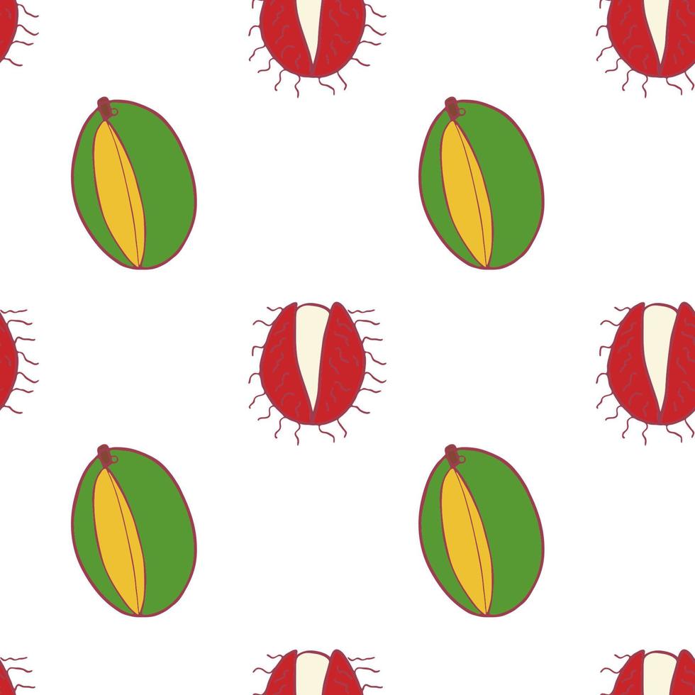 Fruit mango and rambutan seamless pattern, great design for any purposes. Hand drawn fabric texture pattern. Healthy food background. Vector flat style summer graphic. On white background.