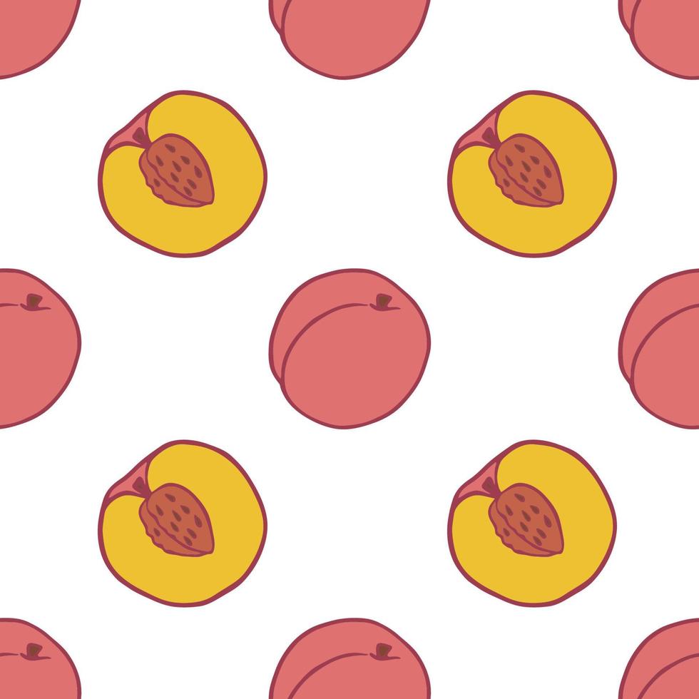 Fruit peach seamless pattern, great design for any purposes. Hand drawn fabric texture pattern. Healthy food background. Vector flat style summer graphic. On white background.